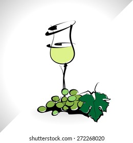 The glass of white wine and grape. Vector.