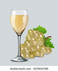 Glass of white wine with grapes. 3d realistic vector