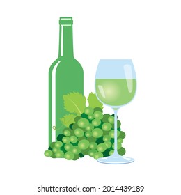 Glass of white wine and grapes vector. Green grape, glass and bottle of wine icon isolated on a white background