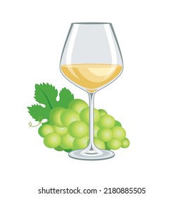 Vidrio de vino blanco y vectores de uvas verdes. Vidrio de vino blanco y racimo de uvas aún ilustraciones vectoriales de vida aisladas en un fondo blanco. Bebida de vino blanco