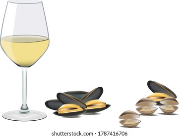 glass of white wine with mussels and clams