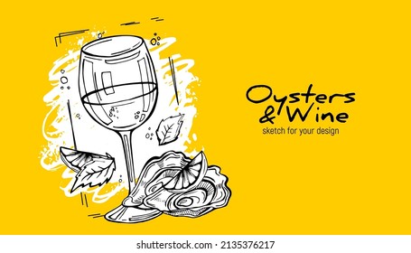 A glass of white wine and mussels. A delicacy for dinner.Hand drawn vector sketch. 