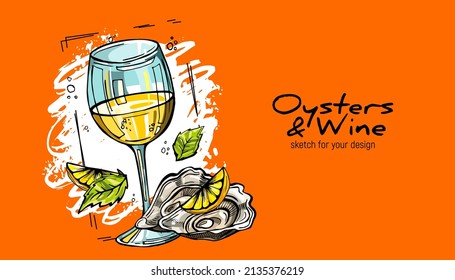 A glass of white wine and mussels. A delicacy for dinner.Hand drawn vector sketch. 