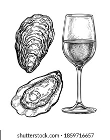 Glass of white wine and oysters. Ink sketch isolated on white background. Hand drawn vector illustration. Retro style.