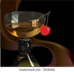 glass of white wine and red cherry