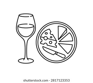 Glass of white wine and a slice of pizza on a plate