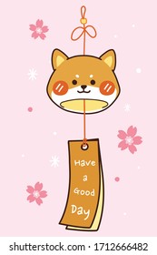 Glass wind chime shiba inu with sakura flower on pink background.Cute cartoon character design.Animal doodle.Kawaii dog hand drawn.Japanese wind bell doodle.Have a good day writing.Vector.Illustration