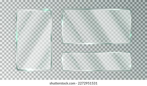 Glass window banner set. Glossy mirror panel. Plastic plate mockup. Digital rectangle frame. Gloss screen effect. Clear button. Light square tag and badge. Shiny framework. Vector illustration.