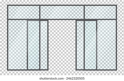 Ventana de cristal de fachada de tienda con puerta abierta de Ilustración vectorial realista. Objeto 3D de elemento de arquitectura sobre fondo transparente