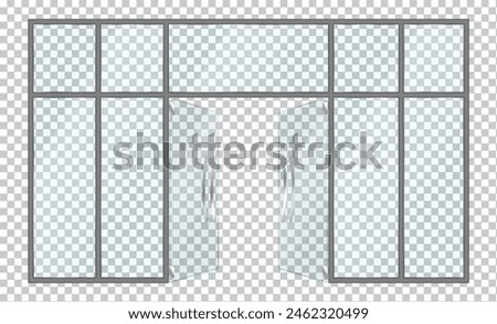 Glass window case of store facade with open door realistic vector illustration. Architecture element 3d object on transparent background