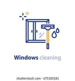 Glass window cleaning services, wiper and water drops, vector line icon
