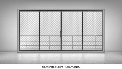 Glass window door with balcony railings and closed doors isolated on transparent background. Empty room with tiled floor, hotel apartment, mall, office interior design, Realistic 3d vector mock up