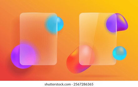 Glass window effect ui screen transparent with abstract shapes text box header frame modern graphic design announcement set, blurred plastic morphism interface slide presentation, yellow orange panel