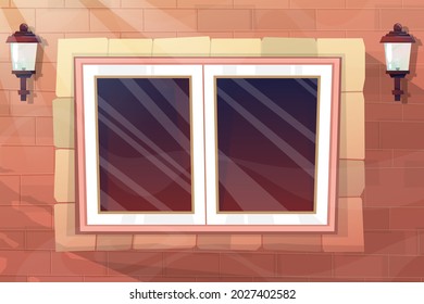 Glass window and electric lamp on brick wall with sunlight, vector illustration