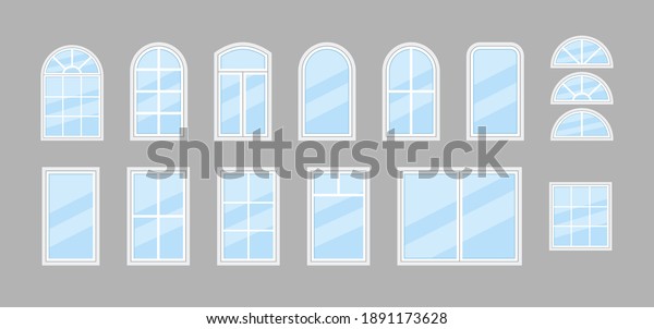 Glass window. Icon of windows with frame for\
house and office. Double window with arch for balcony. Hung glass\
for architecture or exterior. Plastic windowpane for building.\
Isolated icons. Vector.