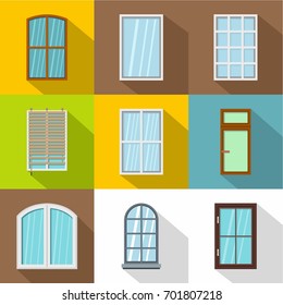 Glass window icons set. Flat set of 9 glass window vector icons for web with long shadow