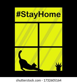 A glass window in a night time with a hashtag  Stay Home above. You can see a shadow of a cat and a plant in a pot.