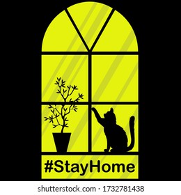 A glass window in a night time with a hashtag  Stay Home under. You can see a shadow of a cat and a plant in a pot.