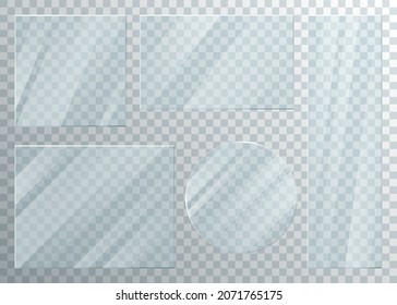 Glass window plate set with transparent effect vector illustration. 3d realistic clear glossy frame, shiny panel for showcase facade of square, round or rectangular shape collection isolated on white