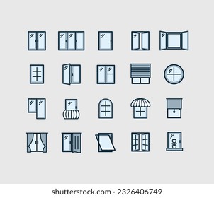 Glass Window Sign Color Thin Line Icon Set. Vector illustration of Windows Pane with Frame for House and Office Icons