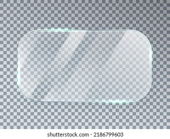 Glass window texture. Bright screen mockup. Glossy mirror panel. Plastic plate. Digital frame. Clear button. Square tag and badge. Shiny framework. Light rectangle banner. Vector illustration.