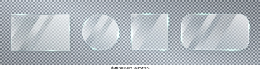 Glass Window Texture Set. Glossy Mirror Panel. Bright Screen Effect. Plastic Plate Mockup. Digital Frame. Clear Button. Square Tag And Badge. Shiny Framework. Light Circle Banner. Vector Illustration.