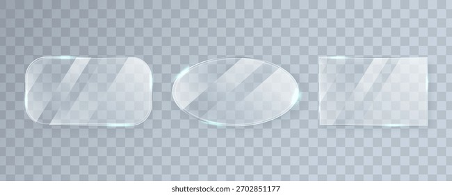 Glass window texture set. Glossy mirror panel. Bright screen effect. Plastic plate mockup. Digital frame. Clear button. Square tag and badge. Shiny framework. Light circle banner. Vector illustration.