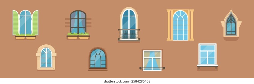 Glass Window of Various Type as Architectural Outdoor Object Vector Set