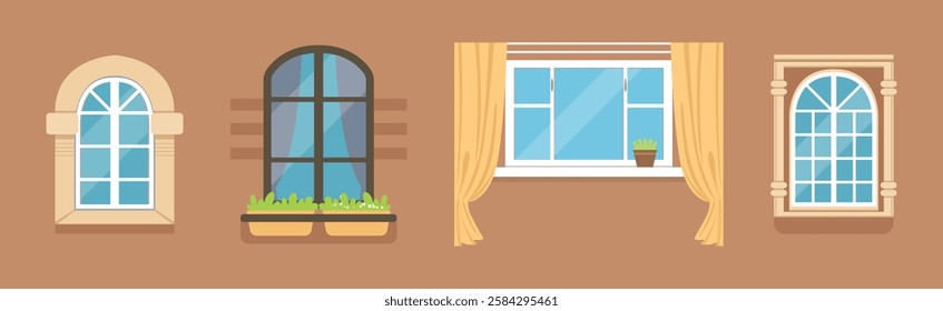 Glass Window of Various Type as Architectural Outdoor Object Vector Set