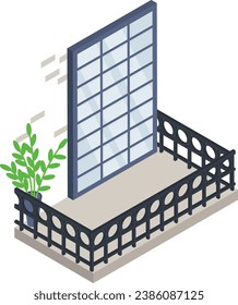 Glass window wall grid of an office tower building isometric Concept Vector Icon Design, balcony and window front view symbol, House exterior  idea with vintage and classic balconies illustration