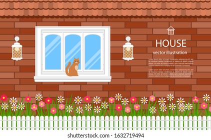 Glass window with white casement on brown brick wall. Red kitten on windowsill. Colorful blooming flowers in flower-bed. Flat style. Exterior view. Typographic template for text. Vector illustration.
