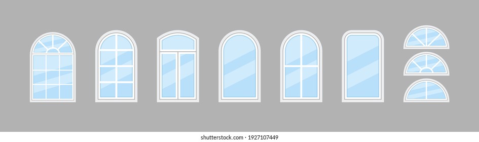 Glass window. Windows with frame and arch for house, office. Icon of double window for balcony. Hung glass for architecture or exterior. Plastic windowpane for building. Isolated icons. Vector.