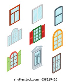 Glass Windows Set Isometric View Decoration Building Construction Element Urban Street Design Style. Vector illustration