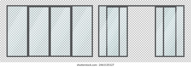 Glass windows of small shops facades with open and closed doors realistic vector illustration. Architecture element 3d object on transparent background