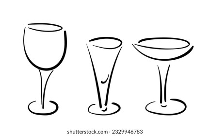 Glass for wine and alcohol drinks doodle set of three glassware, hand drawn simple line vector drinkware