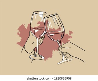 Glass Of Wine. Arms. Friendship. Celebration. Icon. Illustration With Wine. Vector. Toast. Sketch With Wine. Glasses.