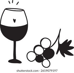 Glass of wine black ink drawing line