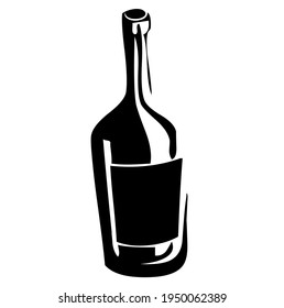 Glass wine bottle, alcoholic beverage, vector, illustration, in black and white color, isolated on white background