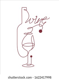Glass and wine bottle. Continuous line. Drawing in modern style. Design element for wine tasting, menu, wine list, restaurant, winery, shop, vineyard, booklet, brochure design. Single line. 