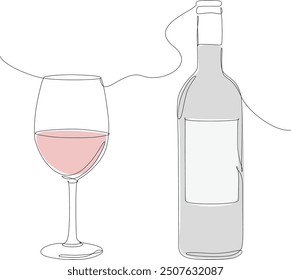 A glass of wine and wine bottle. Continuous one line drawing with color. Minimal illustration vector.	