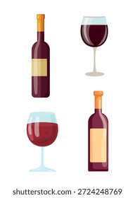 Ein Glas Wein und eine Flasche Wein. Flacher Vektorclipart, Illustration mit isoliertem Hintergrund.
