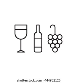 Glass of wine, wine bottle and grape. Vector flat outline icon design illustration on white background.