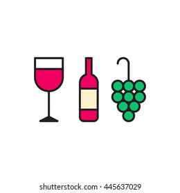 Glass of wine, wine bottle and grape. Vector flat icon design illustration on white background.