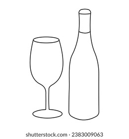 glass wine and bottle illustration. outline art for UI design elements