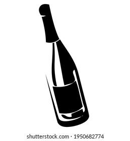 Glass wine bottle with label, alcoholic beverage, vector, illustration, in black and white color, isolated on white background