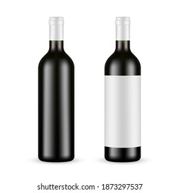 Glass Wine Bottle With Label and Blank Mockup Isolated on White Background. Vector Illustration