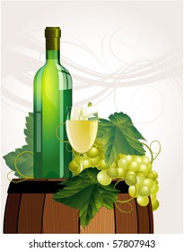 The glass of wine, bottle, old barrel and grape. Vector.