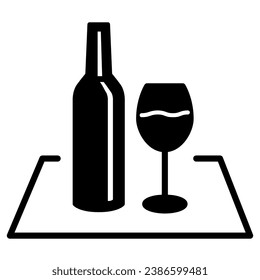 Glass of wine and bottle on the tablecloth solid icon, picnic concept, picnic food sign on white background, wineglass and bottle icon in glyph style for mobile and web. Vector graphics