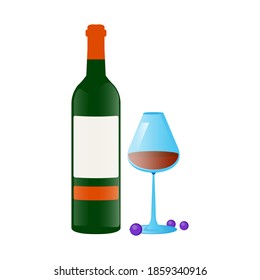 A glass of wine and a wine bottle on a white background, grapes lie next to it. Vector illustration