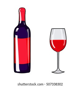 Glass of wine and wine bottle. Red wine. Alcohol. Cartoon style. Design element wine. Hand drawing wine. Vector illustration red wine. Red wine glass. Red wine bottle. Alcohol design element.